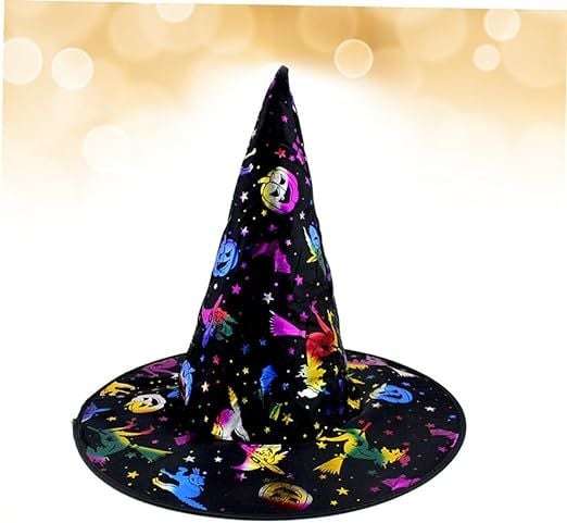 Lisinya193 Cadı Şapkası Siyah Üzeri Rengarenk Balkabağı Cadı Figür Baskılı 38x34 cm