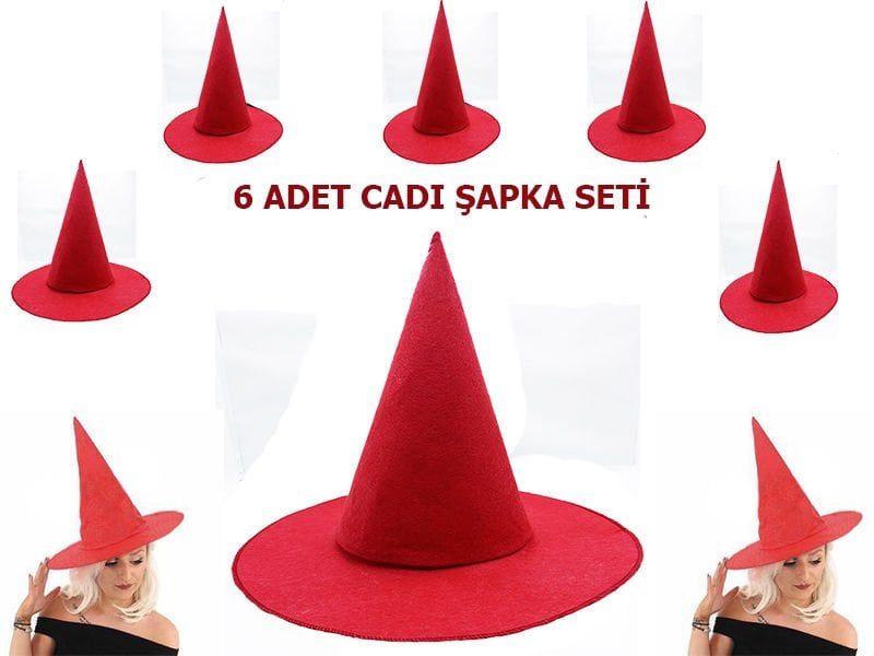 Lisinya193 Kırmızı Renk Keçe Cadı Şapkası Yetişkin Çocuk Uyumlu 6 Adet