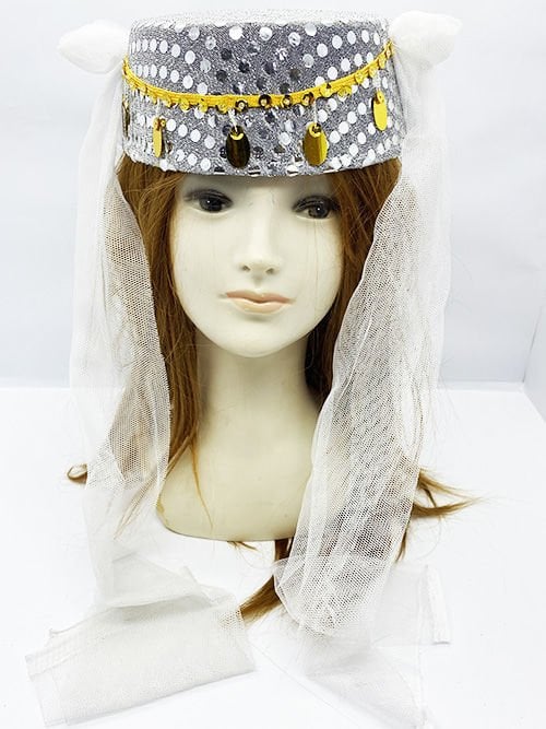 Lisinya193 Beyaz Duvaklı Altın Pul İşlemeli Kına Fesi Kına Şapkası Oryantal Şapkası