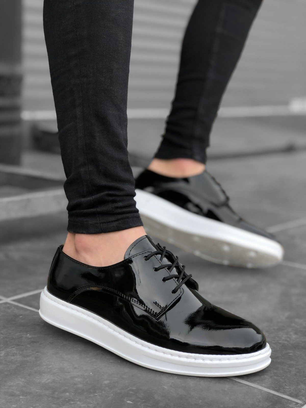 Lisinya946 Bağcıklı Klasik  Siyah Rugan Yüksek Taban Casual Erkek Ayakkabı