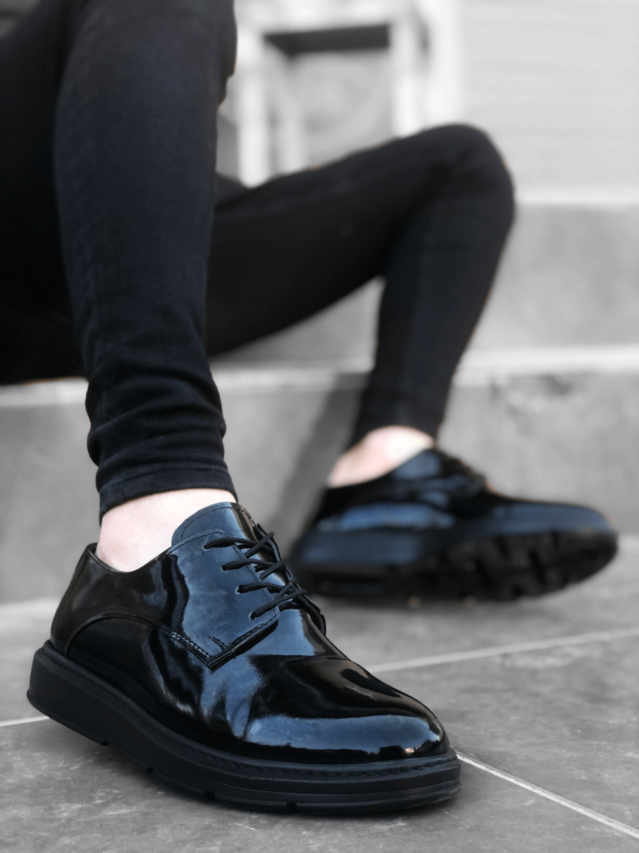 Lisinya946 Bağcıklı Klasik  Siyah Siyah Taban Rugan Yüksek Taban Casual Erkek Ayakkabı