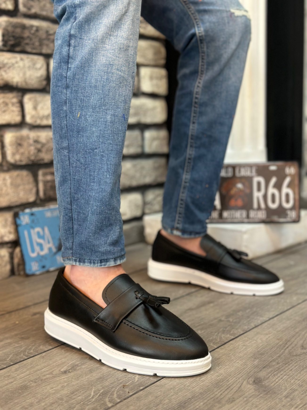Lisinya946 Bağcıksız Yüksek Beyaz Taban Klasik Cilt Deri Püsküllü Corcik Erkek Ayakkabı