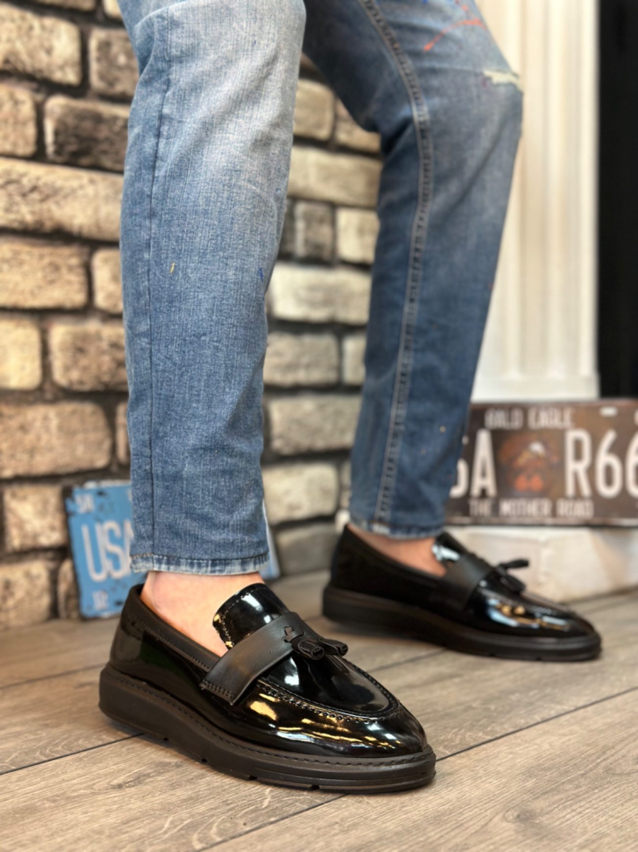 Lisinya946 Bağcıksız Yüksek Siyah Taban Klasik Rugan Püsküllü Corcik Erkek Ayakkabı