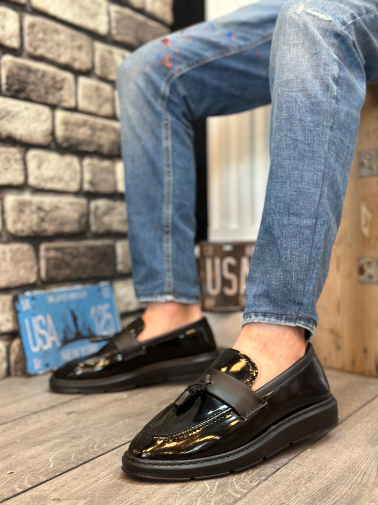 Lisinya946 Bağcıksız Yüksek Siyah Taban Klasik Rugan Püsküllü Corcik Erkek Ayakkabı