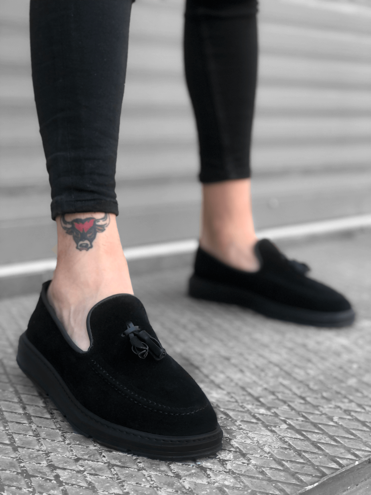 Lisinya946 Bağcıksız Yüksek Taban Klasik Süet Siyah Siyah Taban Püsküllü Erkek Ayakkabı