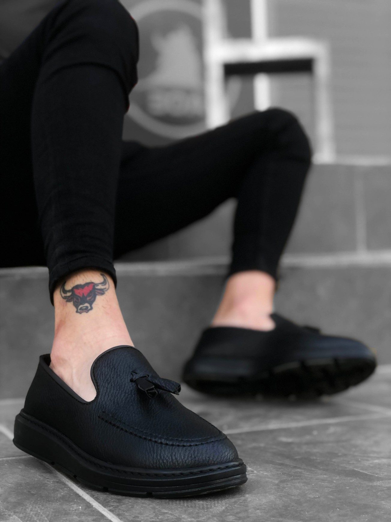 Lisinya946 Bağcıksız Yüksek Taban Mat Siyah Klasik Püsküllü Corcik Erkek Ayakkabı