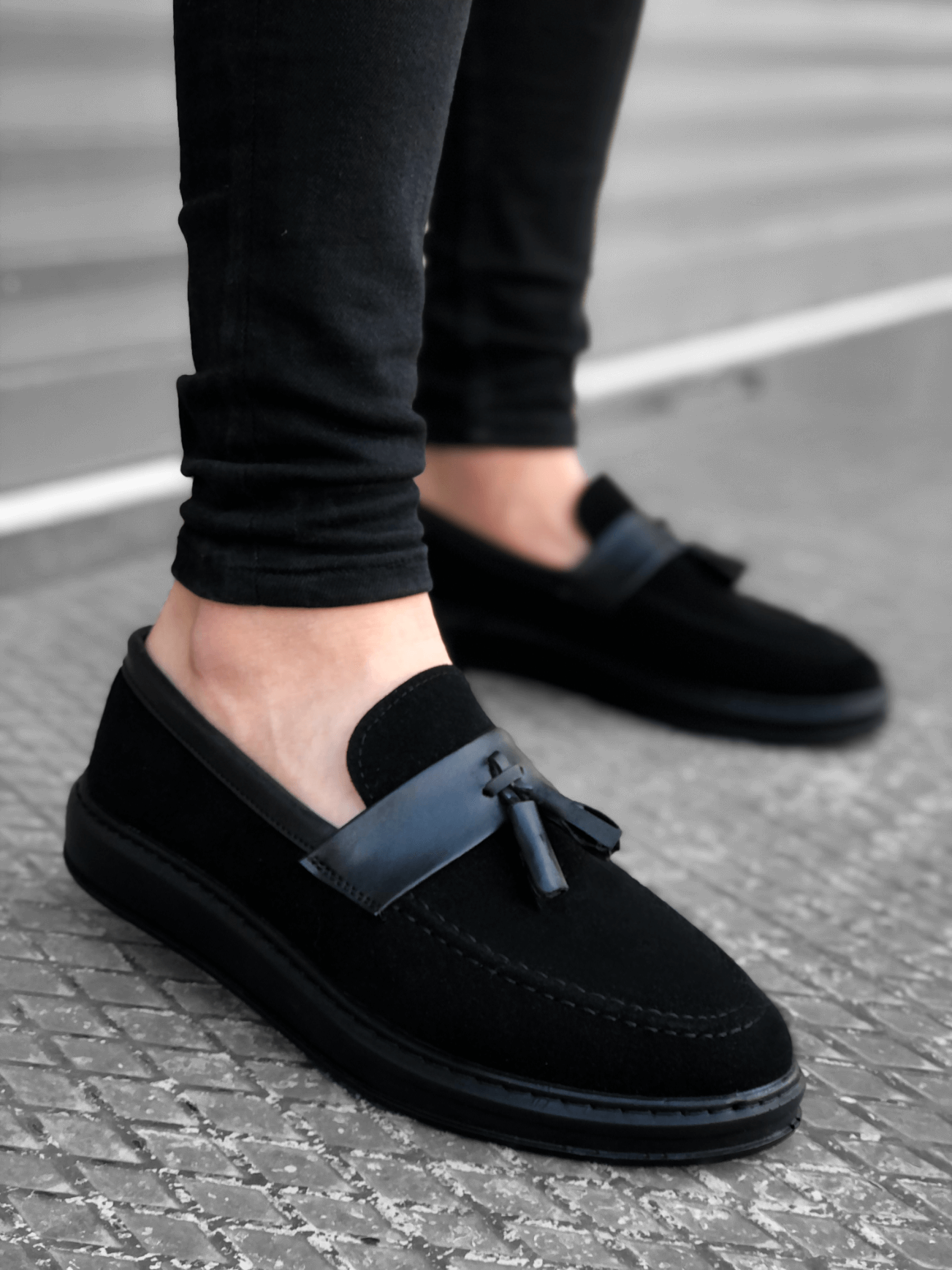 Lisinya946 Bağcıksız Yüksek Taban Siyah Kemerli Klasik Püsküllü Corcik Erkek Ayakkabı
