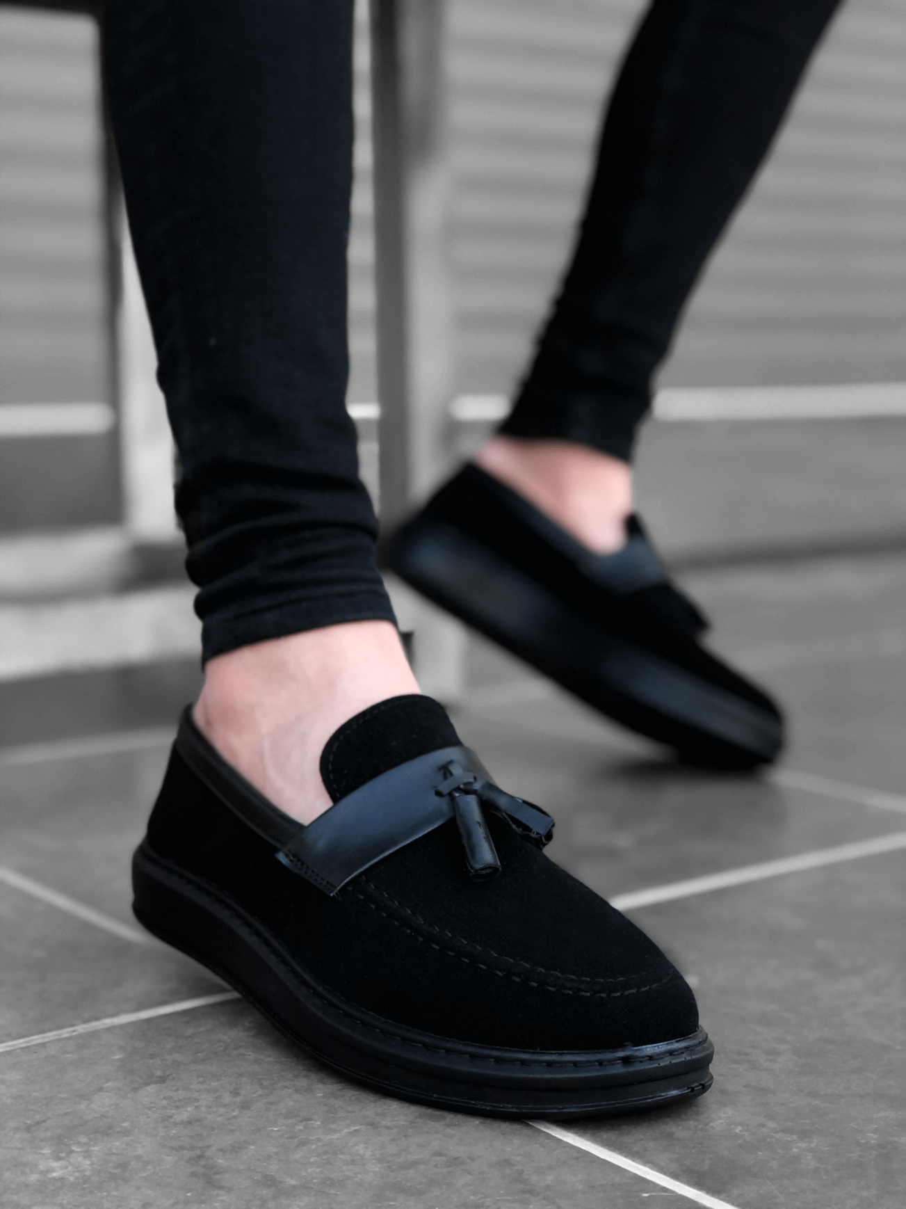 Lisinya946 Bağcıksız Yüksek Taban Siyah Kemerli Klasik Püsküllü Corcik Erkek Ayakkabı