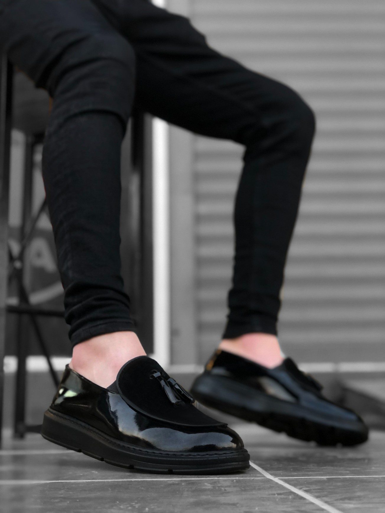Lisinya946 Bağcıksız Yüksek Taban Siyah Taban Klasik Süet Detaylı Püsküllü Corcik Erkek Ayakkabı