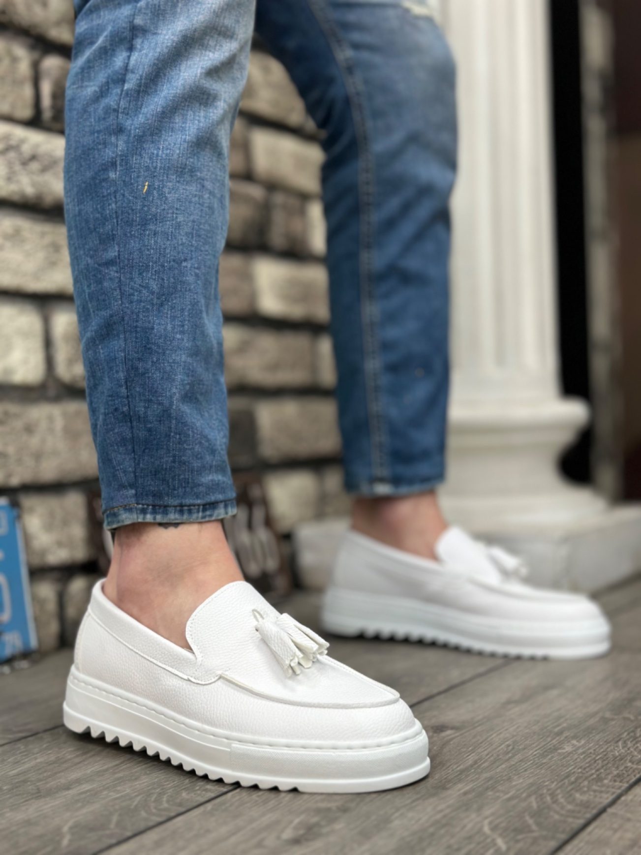 Lisinya946 Bağcıksız Yüksek Taban Cilt Beyaz Renk Püsküllü Erkek Ayakkabı