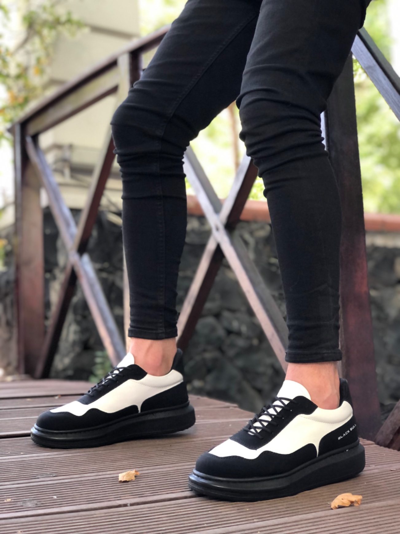 Lisinya946  Yüksek Taban Siyah Beyaz Bağcıklı Erkek Ayakkabı