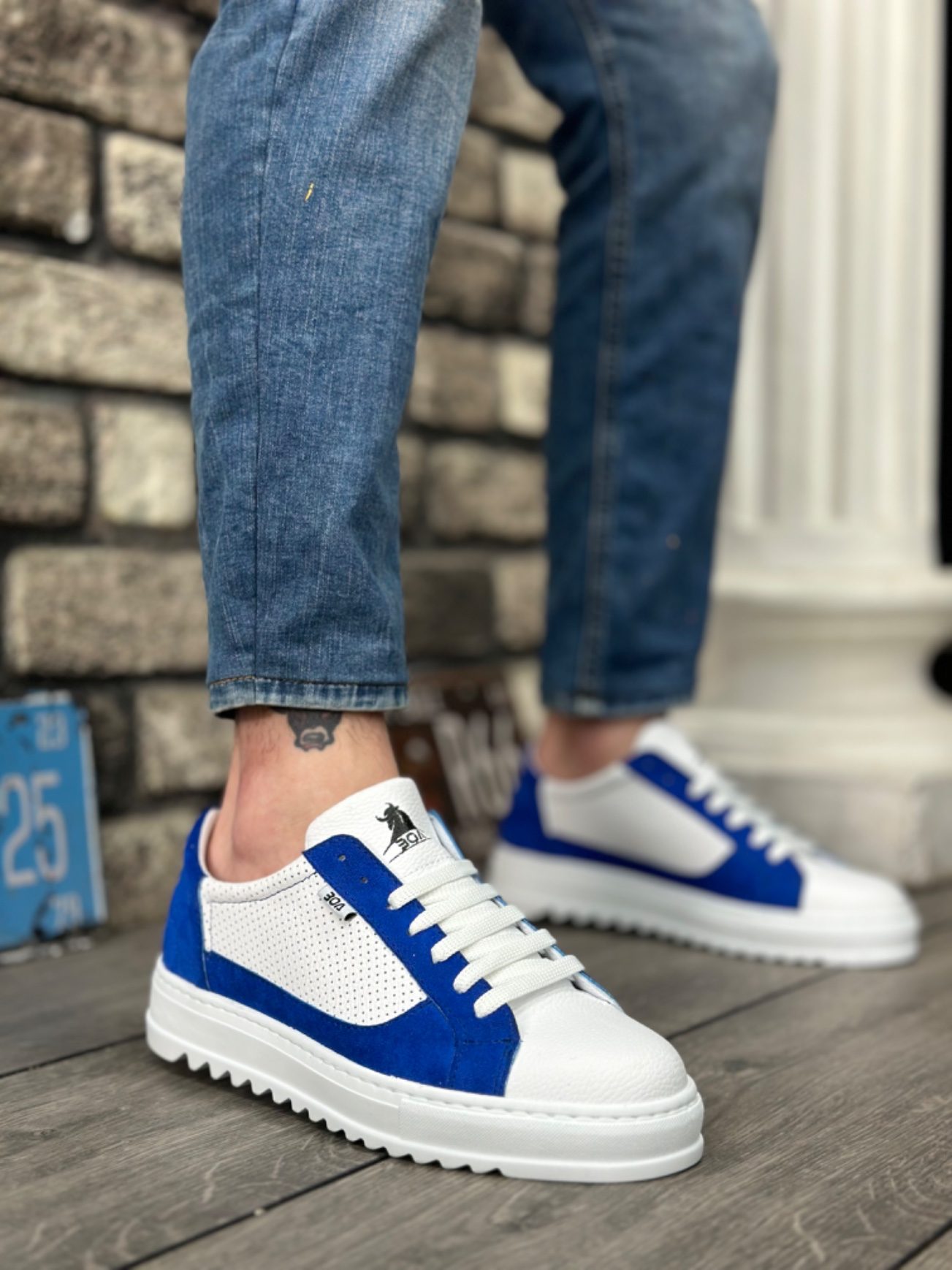 Lisinya946  Kalın Tırtık Yüksek Taban Beyaz Mavi Bağcıklı Spor Erkek Ayakkabı