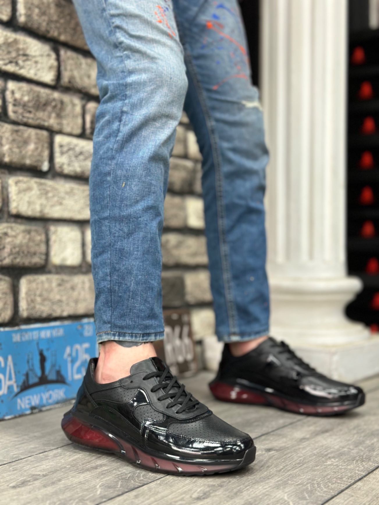 Lisinya946 İçi Dışı Hakiki Deri Rahat Taban Siyah Kırmızı Sneakers Casual Erkek Ayakkabı