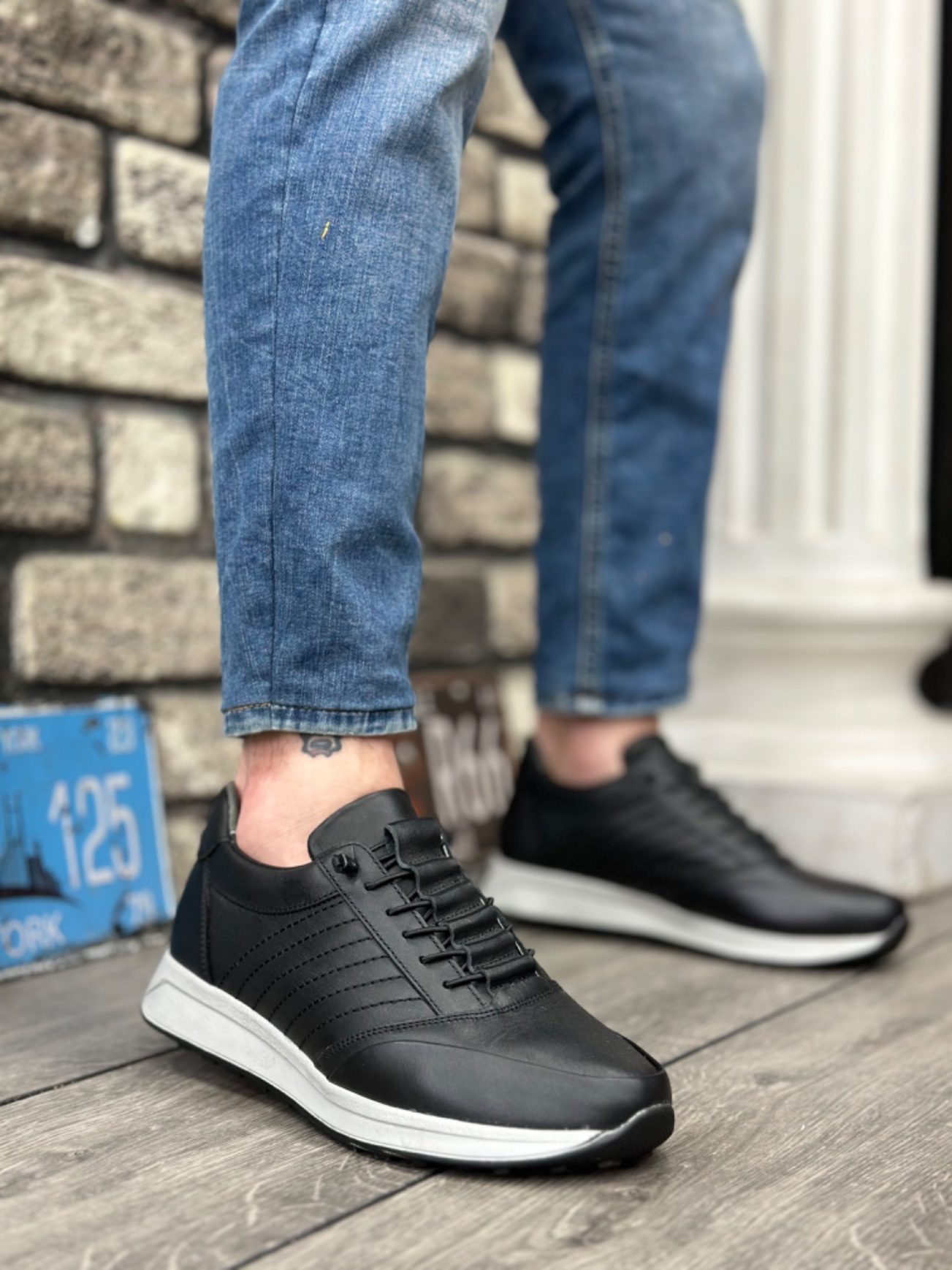 Lisinya946 İçi Dışı Hakiki Deri Gizli Bağcık Rahat Taban Siyah Sneakers Casual Erkek Ayakkabı