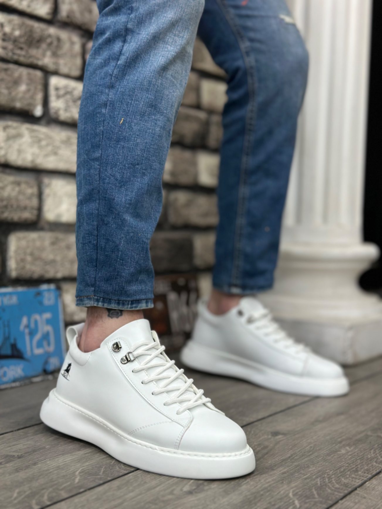 Lisinya946 Bağcıklı Erkek Yüksek Taban Beyaz Cilt  Spor Ayakkabı