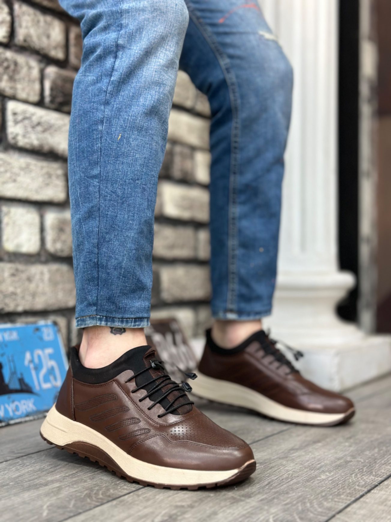 Lisinya946 Hakiki Deri Rahat Taban Ayarlanabilir Lastik Bağcıklı Kahverengi Casual Erkek Ayakkabı