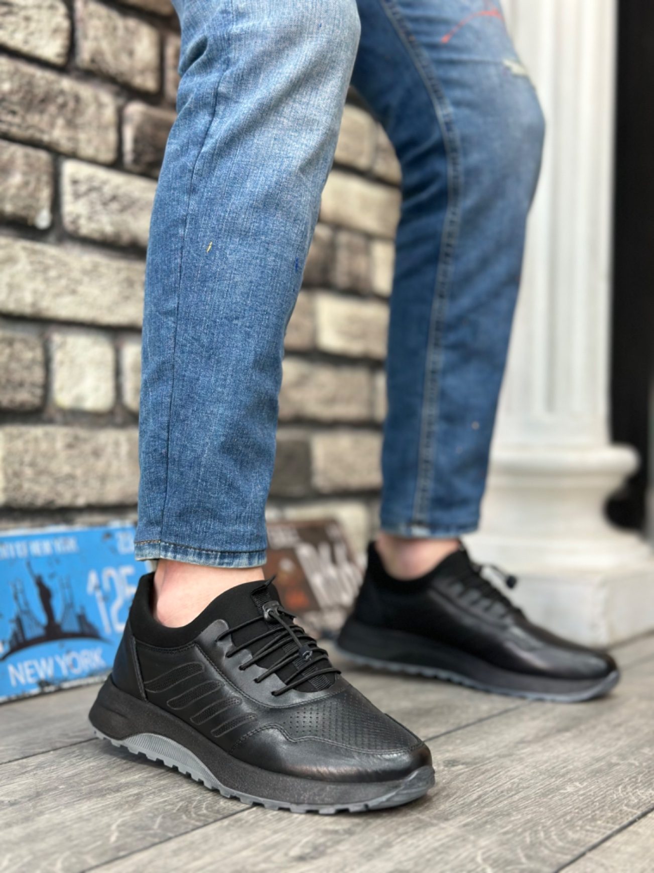 Lisinya946 Hakiki Deri Rahat Taban Ayarlanabilir Lastik Bağcıklı Siyah Casual Erkek Ayakkabı