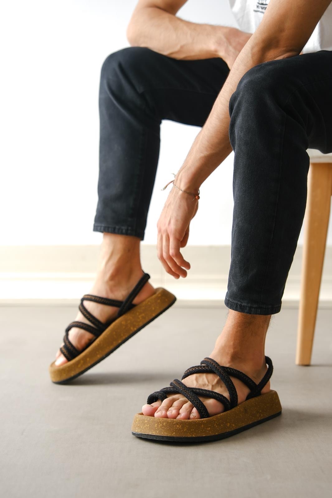 Lisinya946 Erkek Bodrum İp Halat Siyah Günlük Sandalet