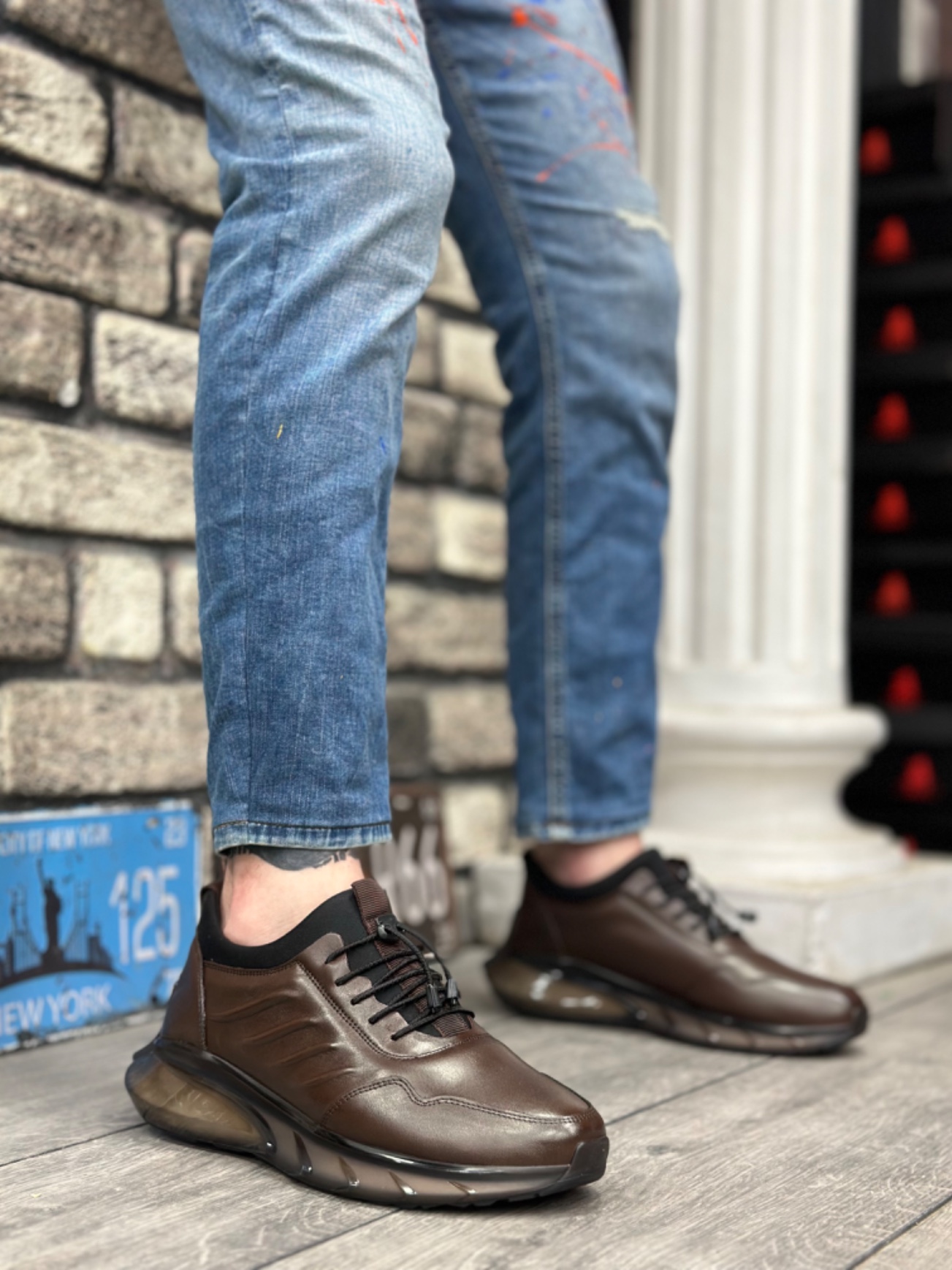 Lisinya946 Hakiki Deri Rahat Taban Ayarlanabilir Lastik Bağcıklı Desenli Kahverengi Casual Erkek Ayakkabı