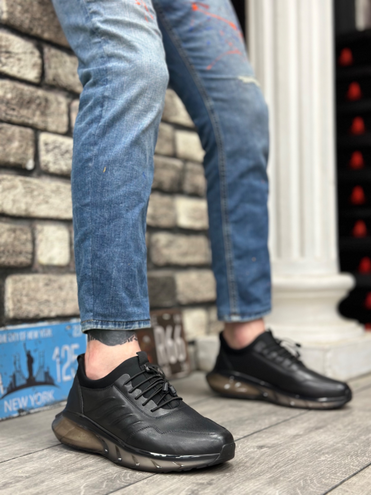 Lisinya946 Hakiki Deri Rahat Taban Ayarlanabilir Lastik Bağcıklı Desenli Siyah Casual Erkek Ayakkabı