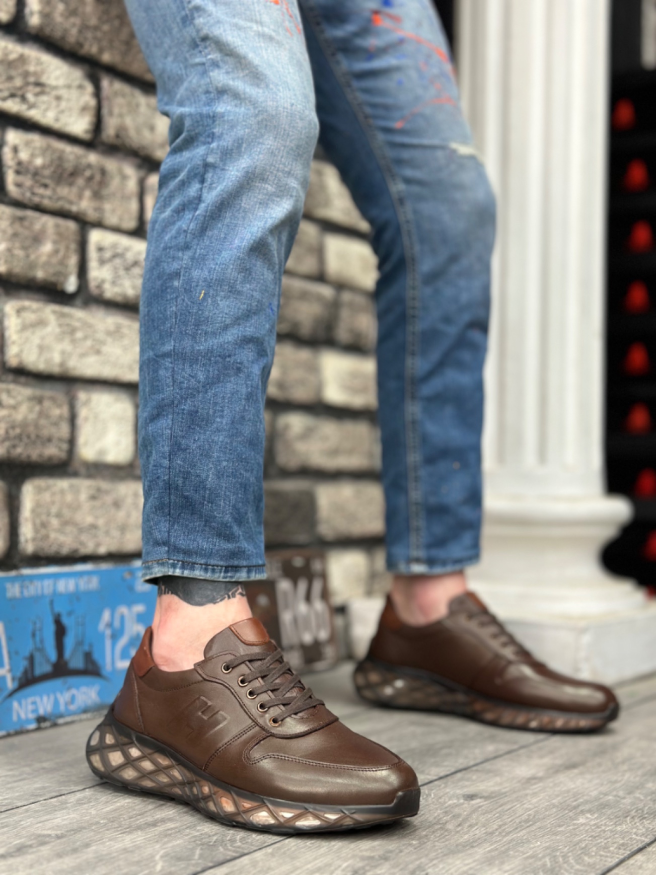 Lisinya946 İçi Dışı Hakiki Deri Rahat Taban H Detaylı Kahverengi Sneakers Casual Erkek Ayakkabı