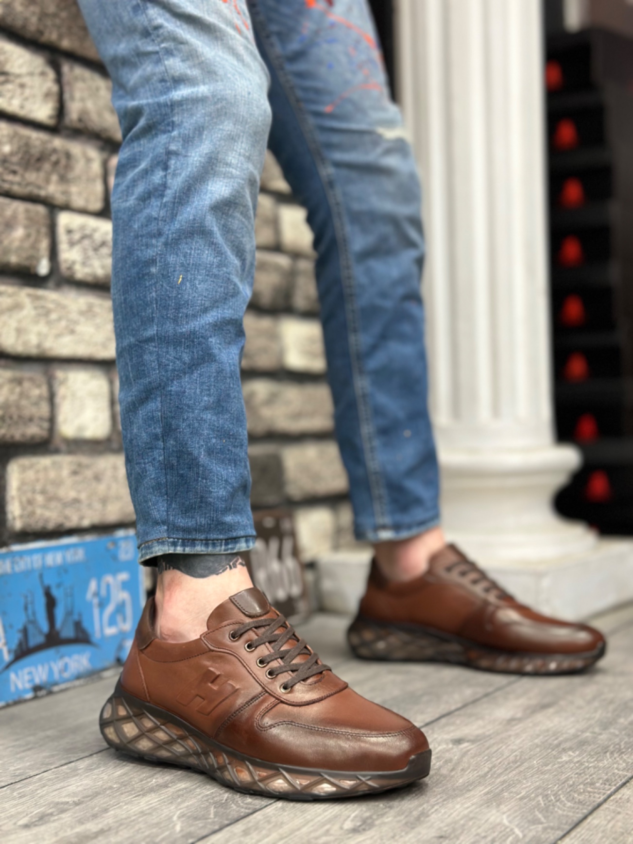 Lisinya946 İçi Dışı Hakiki Deri Rahat Taban H Detaylı Taba Sneakers Casual Erkek Ayakkabı
