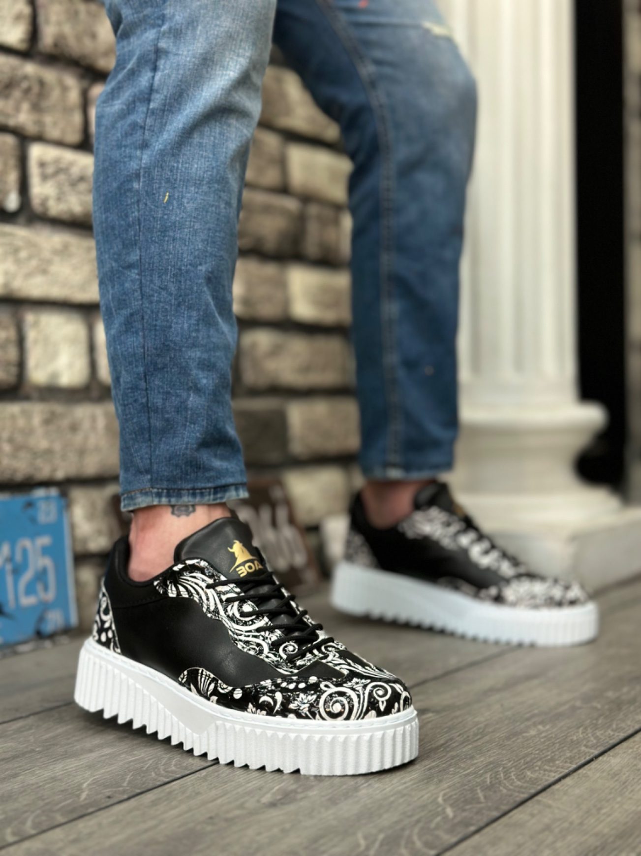 Lisinya946  Gotik Desenli Siyah Beyaz Yüksek Taban Erkek Günlük Ayakkabı
