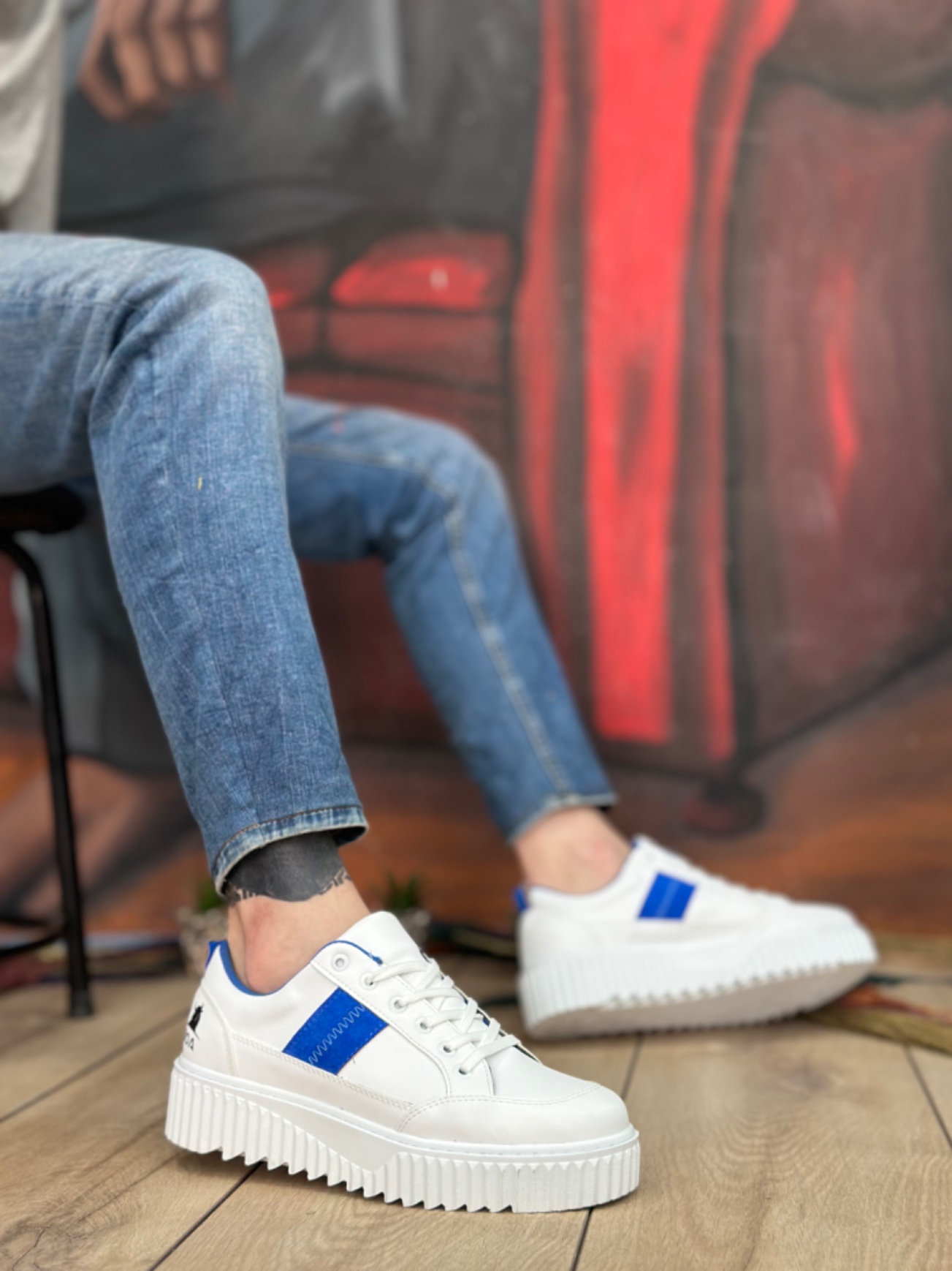 Lisinya946  Yüksek Beyaz Taban Mavi Detaylı Bağcıklı Erkek Ayakkabı