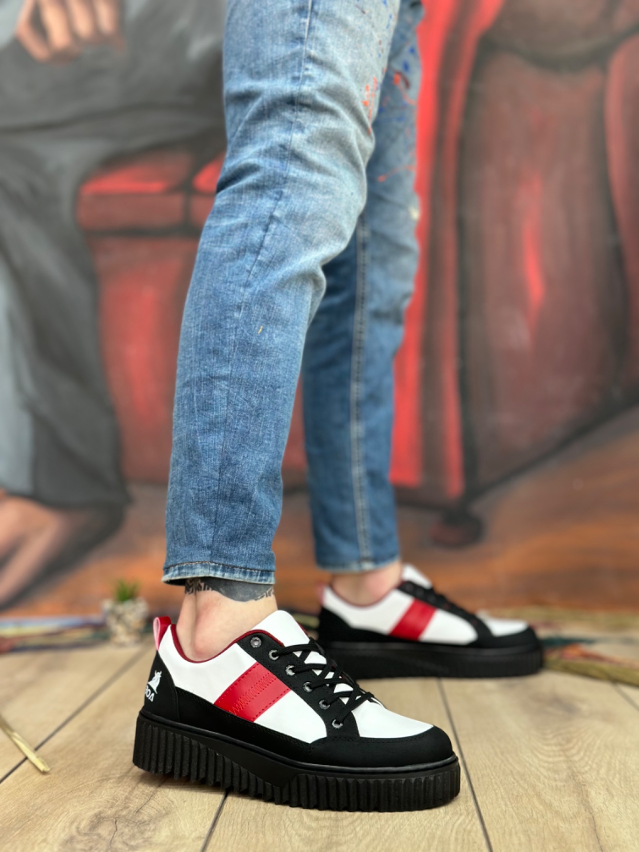 Lisinya946  Yüksek Siyah Taban Kırmızı Detaylı Bağcıklı Erkek Ayakkabı
