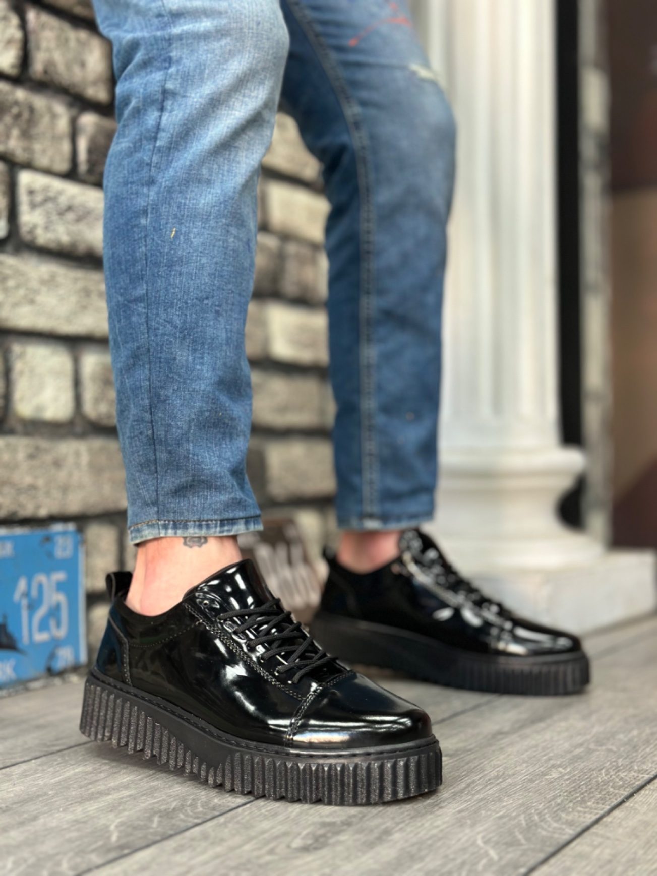 Lisinya946  Yüksek Taban Rugan Siyah Bağcıklı Erkek Ayakkabı