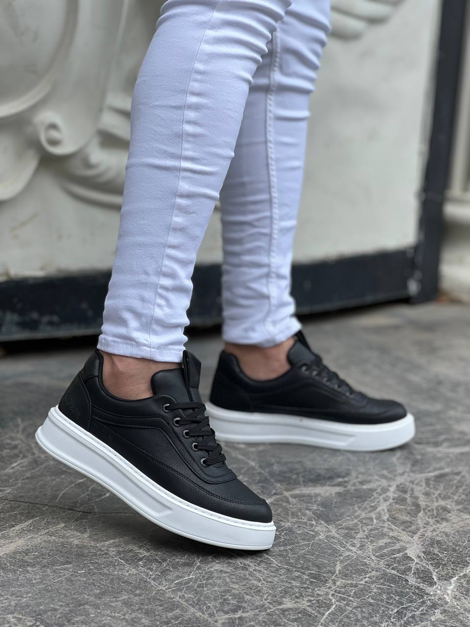 Lisinya946 Siyah Cilt Yüksek Taban Bağcıklı Günlük Erkek Ayakkabı