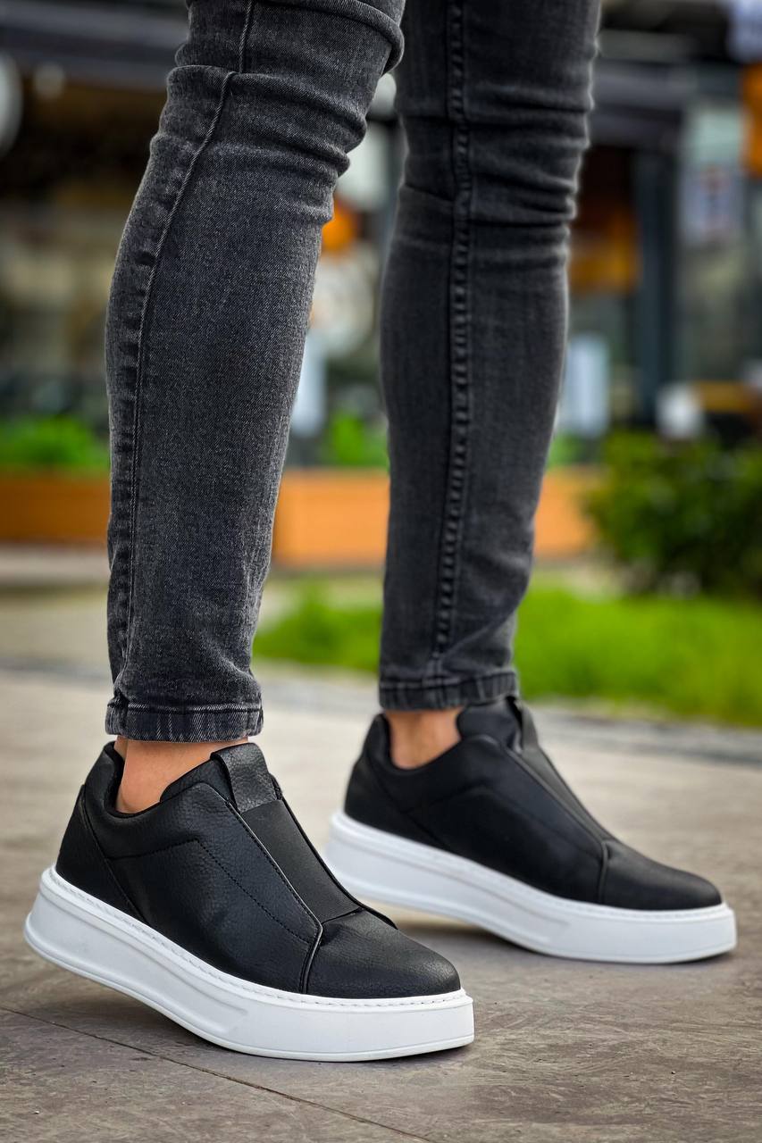 Lisinya946 Siyah Beyaz Yüksek Taban Tek Bant Bağcıksız Günlük Erkek Ayakkabı