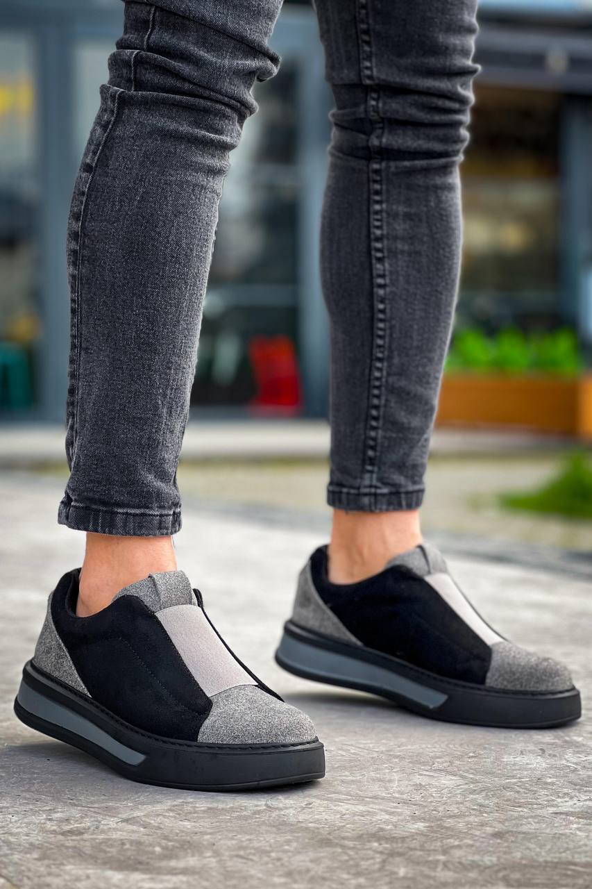 Lisinya946 Siyah Gri Siyah Yüksek Taban Tek Bant Bağcıksız Günlük Erkek Ayakkabı
