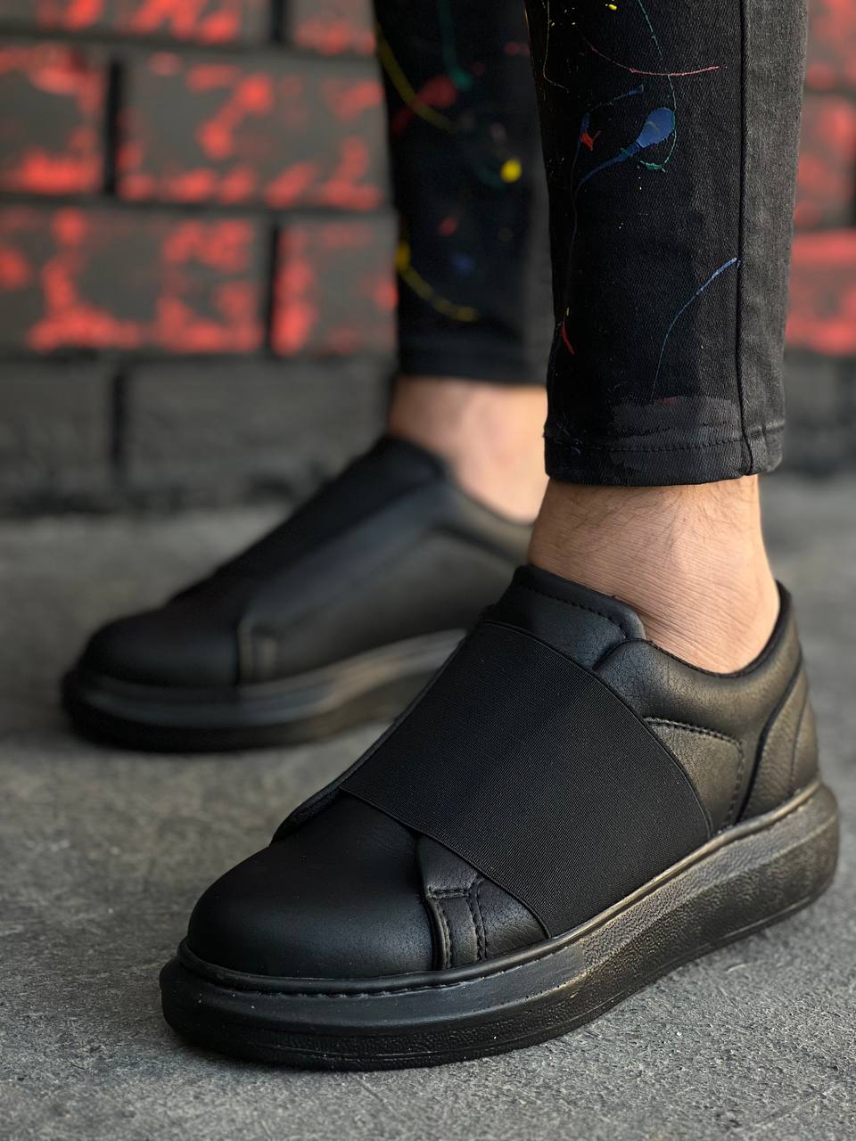 Lisinya946 Siyah Cilt Siyah Yüksek Taban Bağcıklı Günlük Erkek Ayakkabı