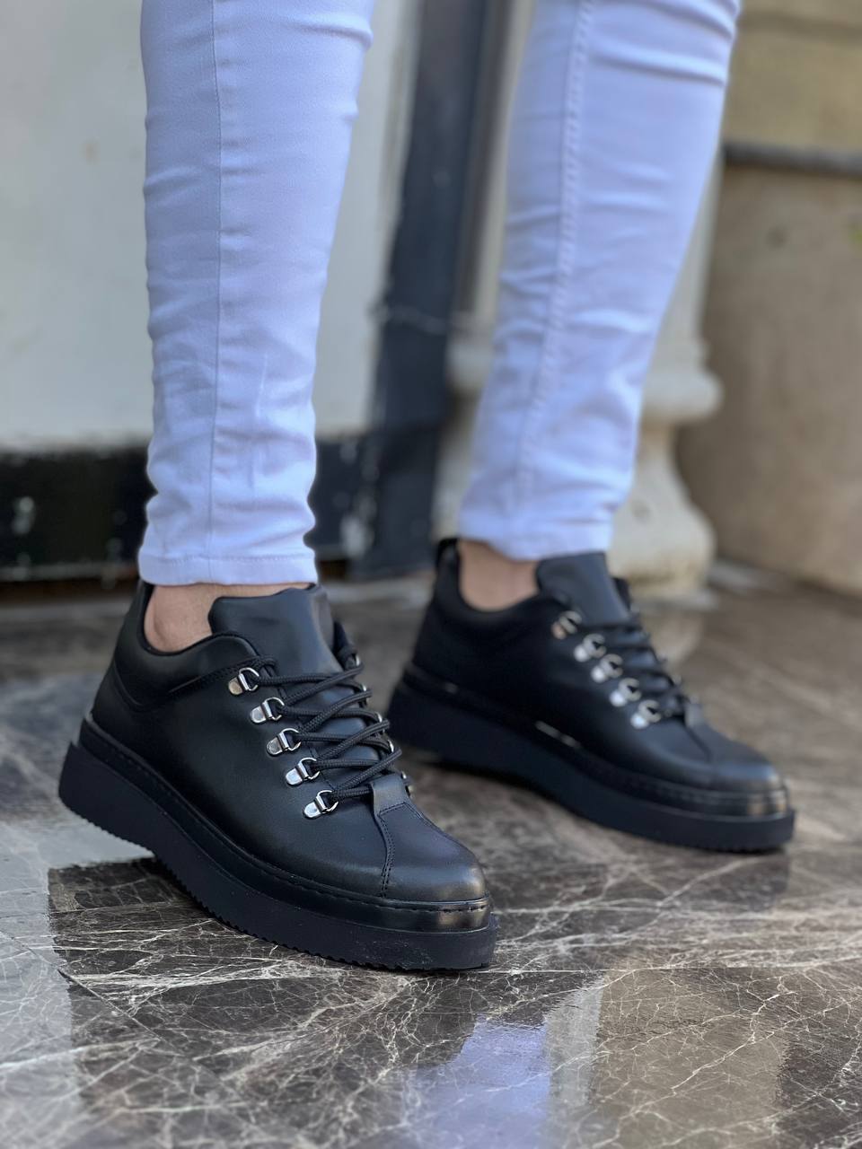 Lisinya946 Siyah Cilt Siyah Yüksek Taban Bağcıklı Günlük Erkek Ayakkabı
