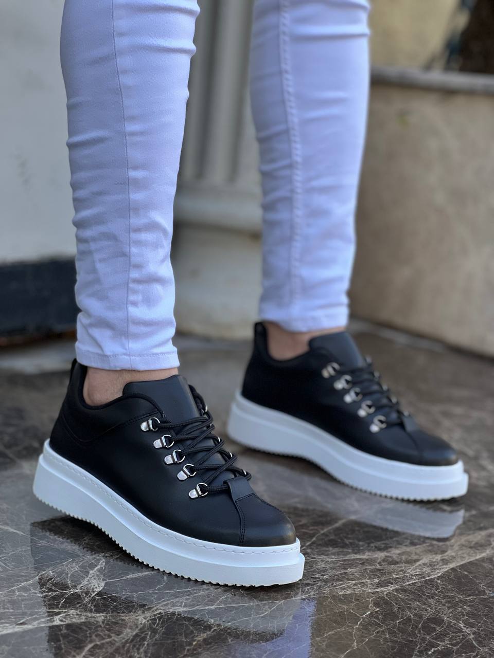 Lisinya946 Siyah Cilt Yüksek Taban Bağcıklı Günlük Erkek Ayakkabı