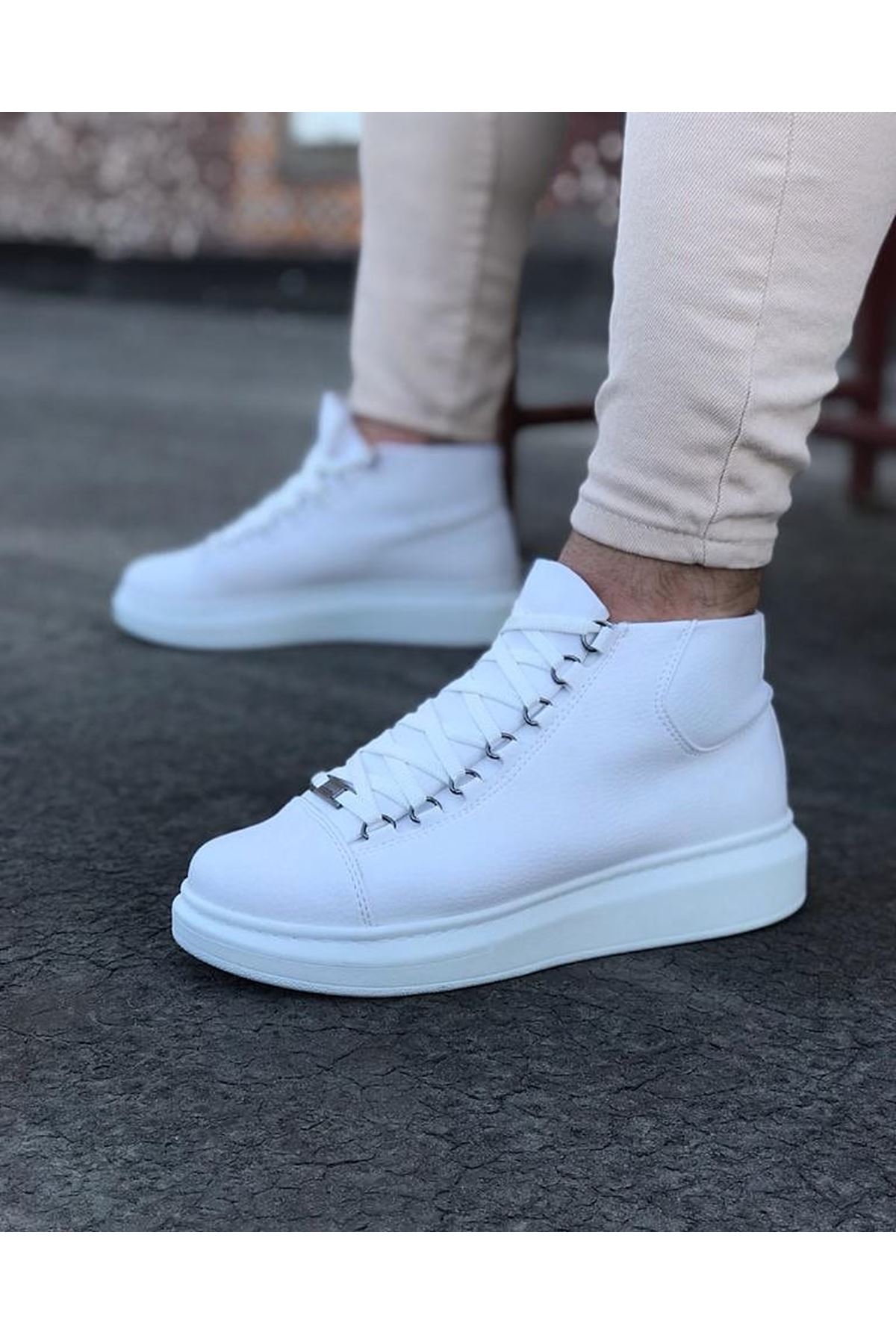 Lisinya943 Beyaz Bağcıklı Sneakers  Yarım Bilek Bot