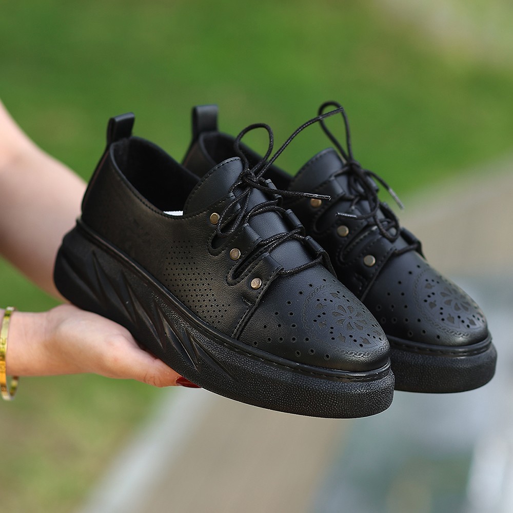 Lisinya943 Siyah Cilt Bağcıklı Spor Ayakkabı