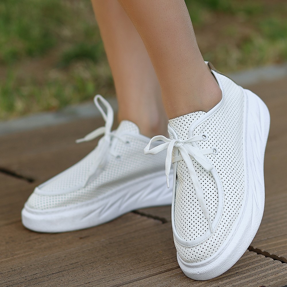 Lisinya943 Beyaz Cilt Bağcıklı Spor Ayakkabı