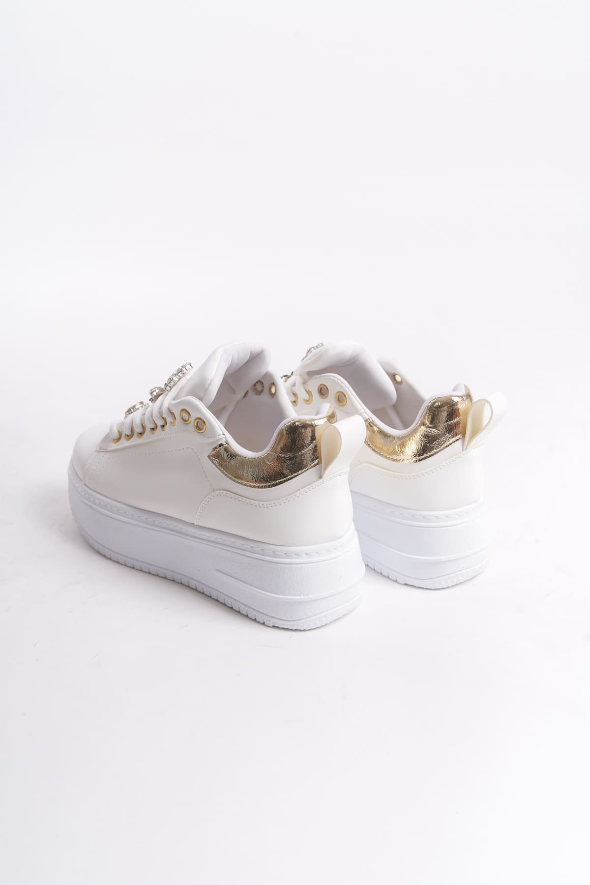 Lisinya948  Bağcıklı Ortopedik Taban Renkli Taş Dekorlu Kadın Sneaker Ayakkabı BT Beyaz/Altın