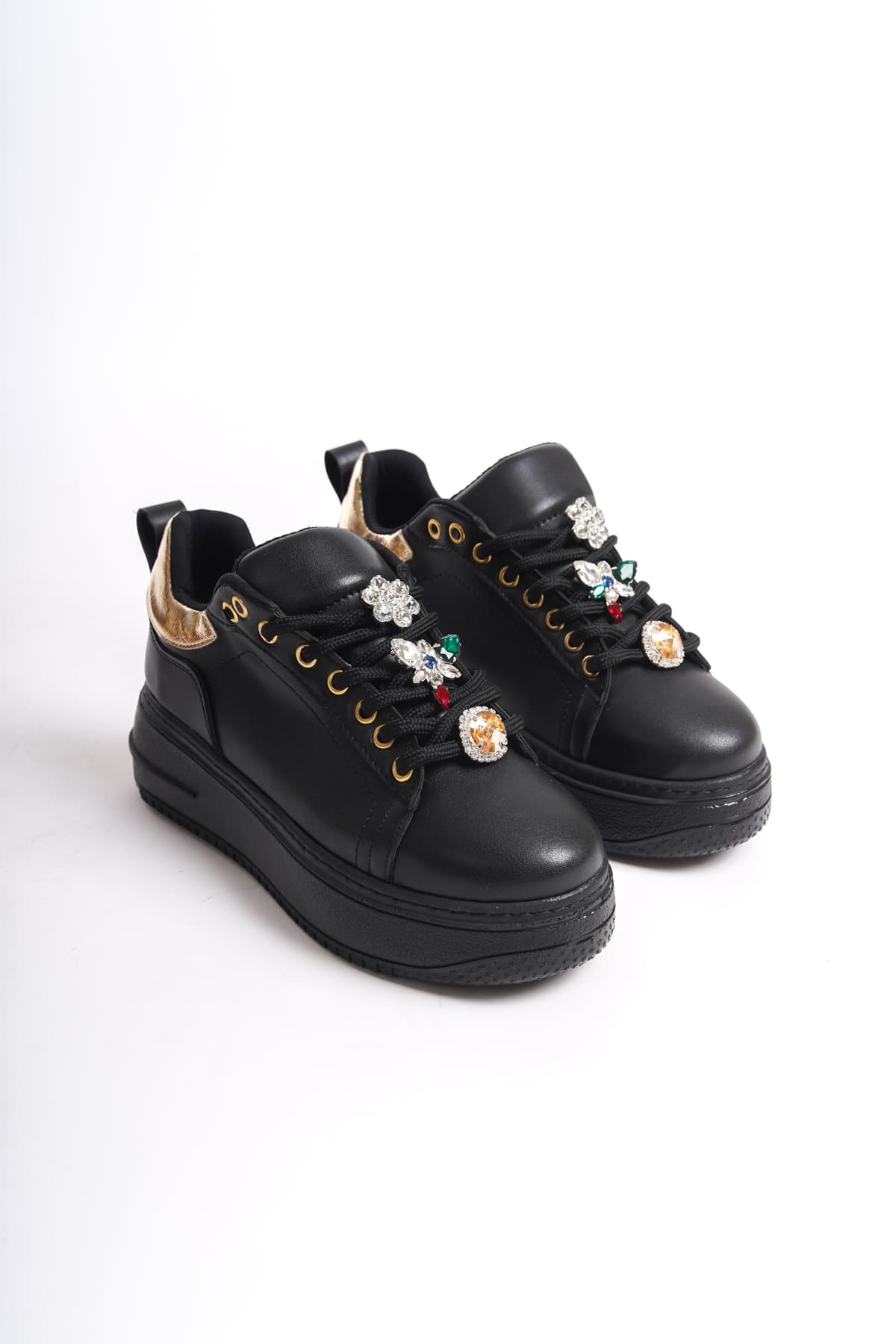 Lisinya948  Bağcıklı Ortopedik Taban Renkli Taş Dekorlu Kadın Sneaker Ayakkabı ST Siyah/Altın