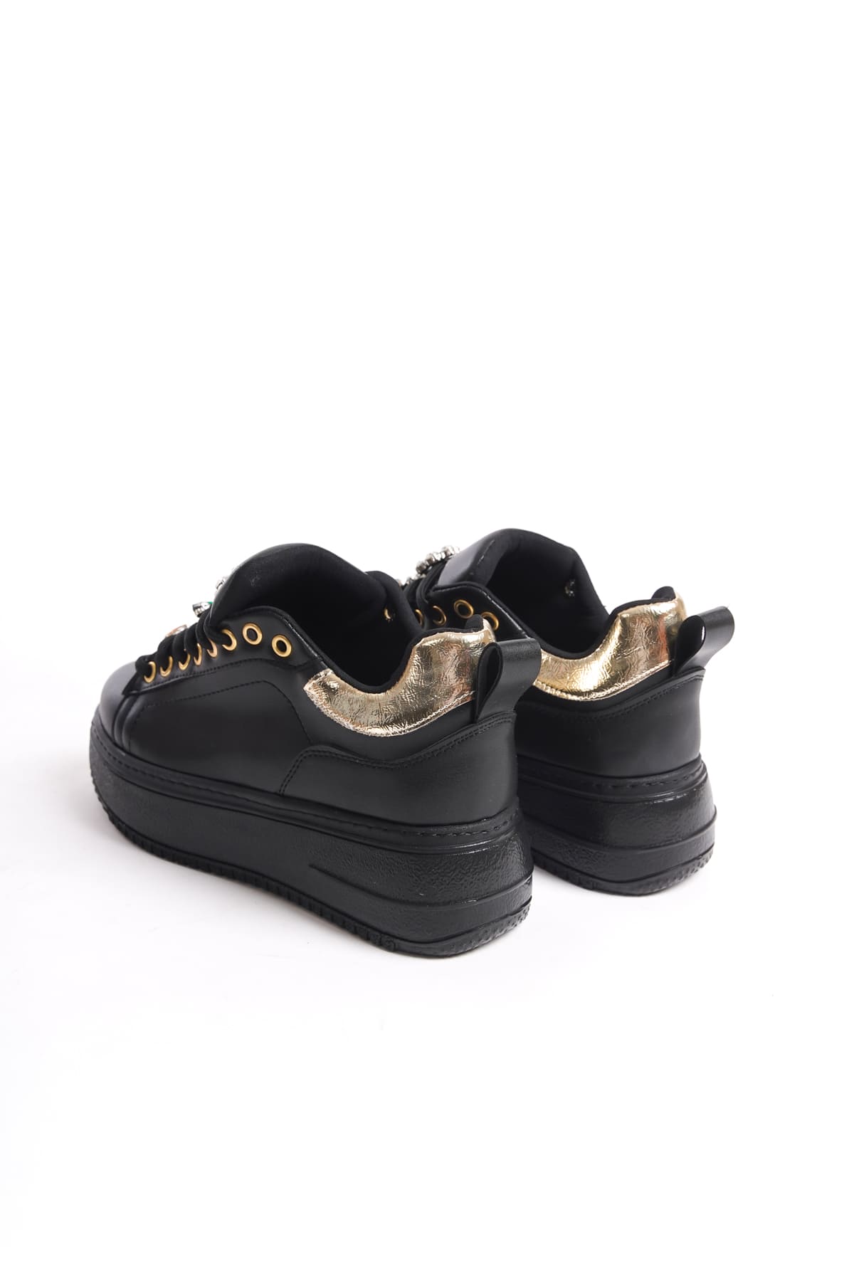 Lisinya948  Bağcıklı Ortopedik Taban Renkli Taş Dekorlu Kadın Sneaker Ayakkabı ST Siyah/Altın