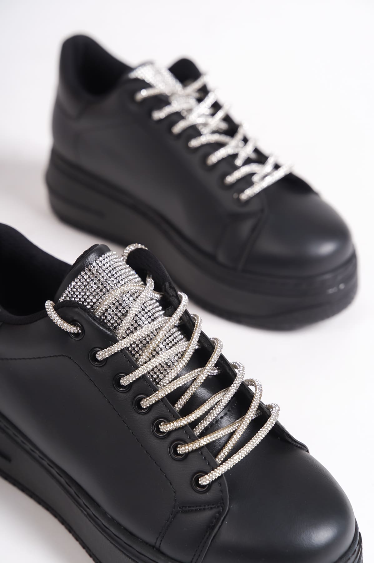 Lisinya948  Bağcıklı Ortopedik Taban Taşlı Kadın Sneaker Ayakkabı ST Siyah