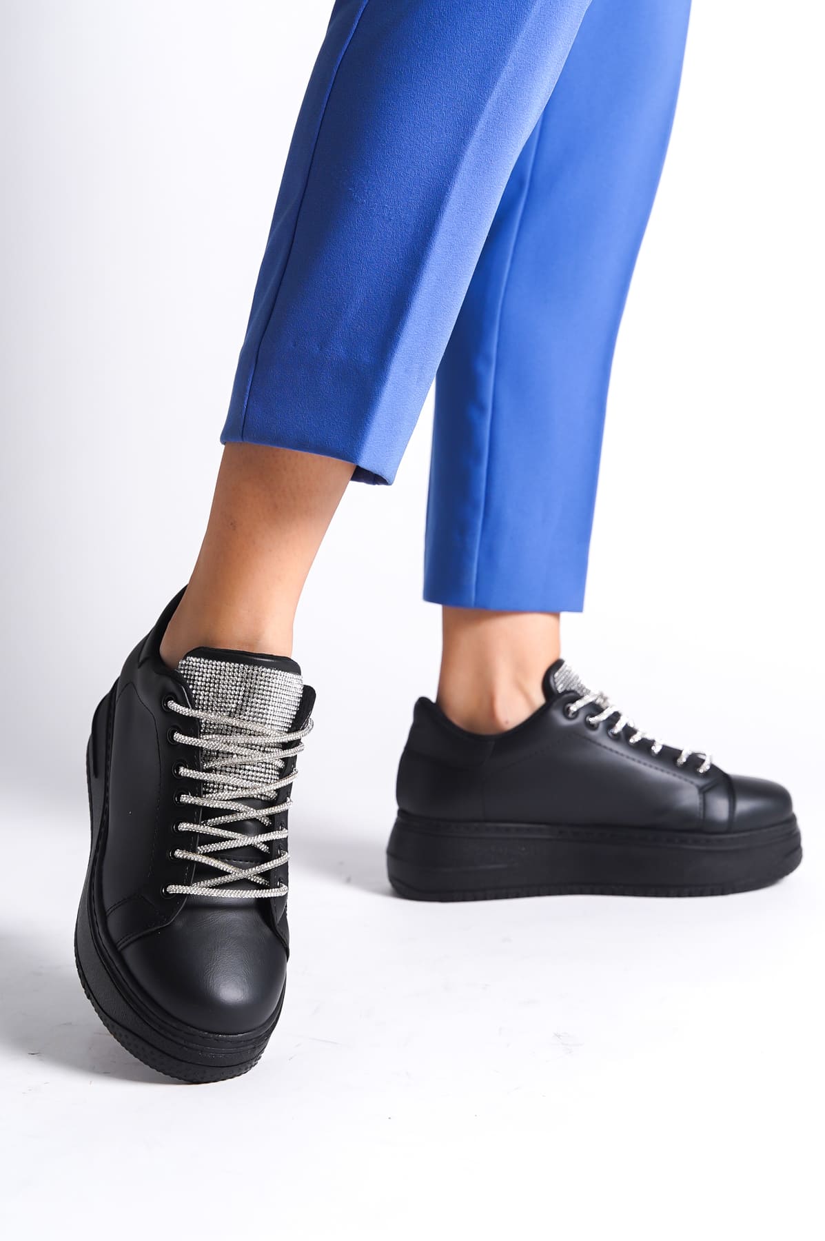 Lisinya948  Bağcıklı Ortopedik Taban Taşlı Kadın Sneaker Ayakkabı ST Siyah