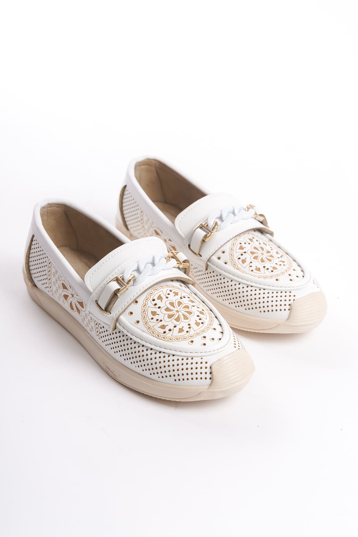 Lisinya948  Bağcıksız Ortopedik Rahat Taban Çiçek Desenli Babet Ayakkabı KT Beyaz