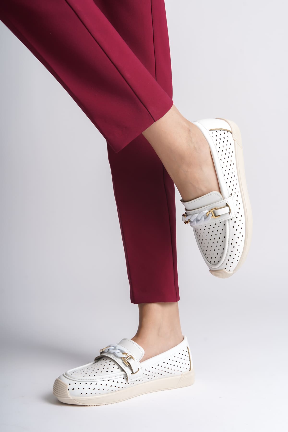 Lisinya948  Bağcıksız Ortopedik Rahat Taban Kalp Desenli Babet Ayakkabı KT Beyaz