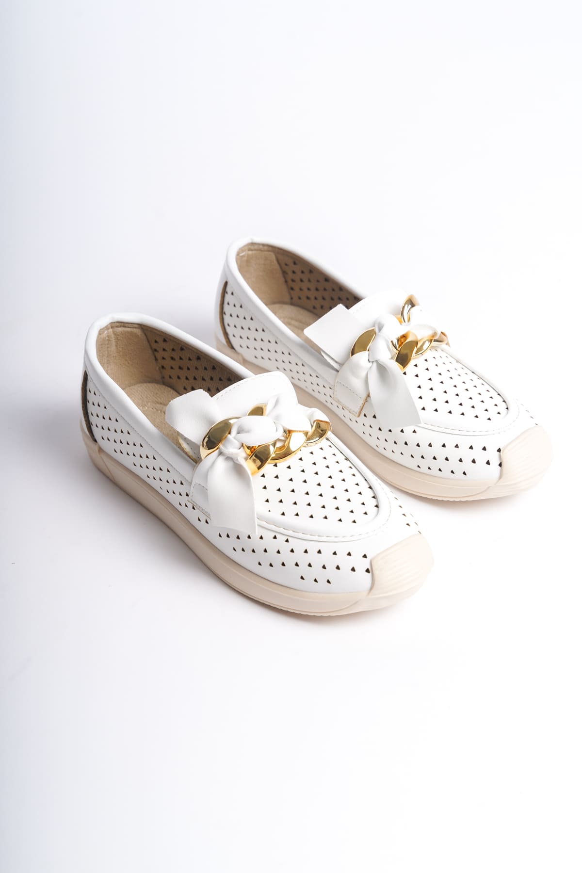 Lisinya948  Bağcıksız Ortopedik Rahat Taban Kalp Desenli Babet Ayakkabı KT Beyaz