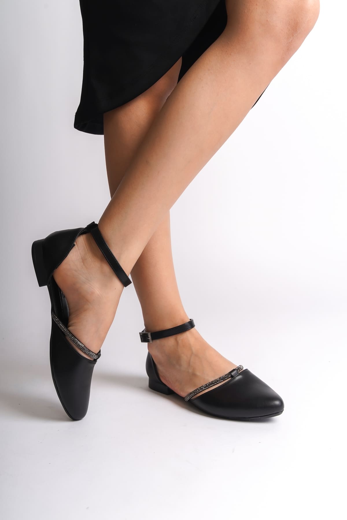 Lisinya948  Tokalı Ortopedik Rahat Taban Taş Detaylı Kadın Babet Ayakkabı ST Siyah