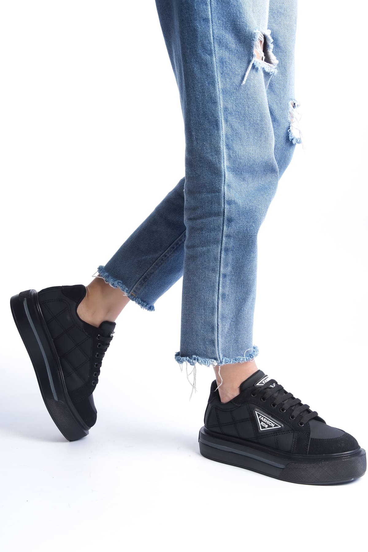 Lisinya948  Bağcıklı Ortopedik Taban Desenli Kadın Sneaker Ayakkabı ST Siyah