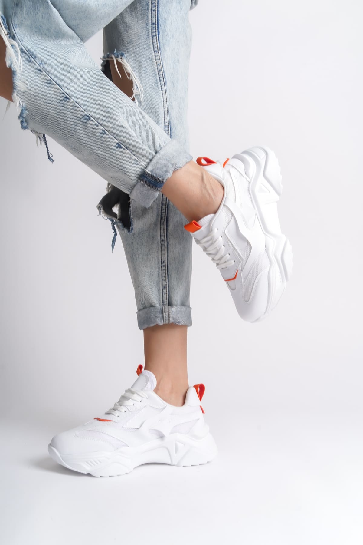 Lisinya948  Bağcıklı Ortopedik Taban Triko Detaylı Kadın Spor Ayakkabı BT Beyaz/Turuncu